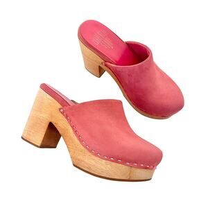 Charlotte Stone Marlo Pink Suede Wooden Block Heel Clogs Platform Mules Size 7